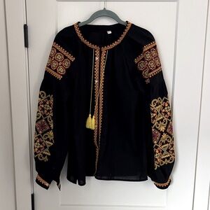 Ukrainian Vyshyvanka made in Ukraine Black L Blouse with Colorful Embroidery